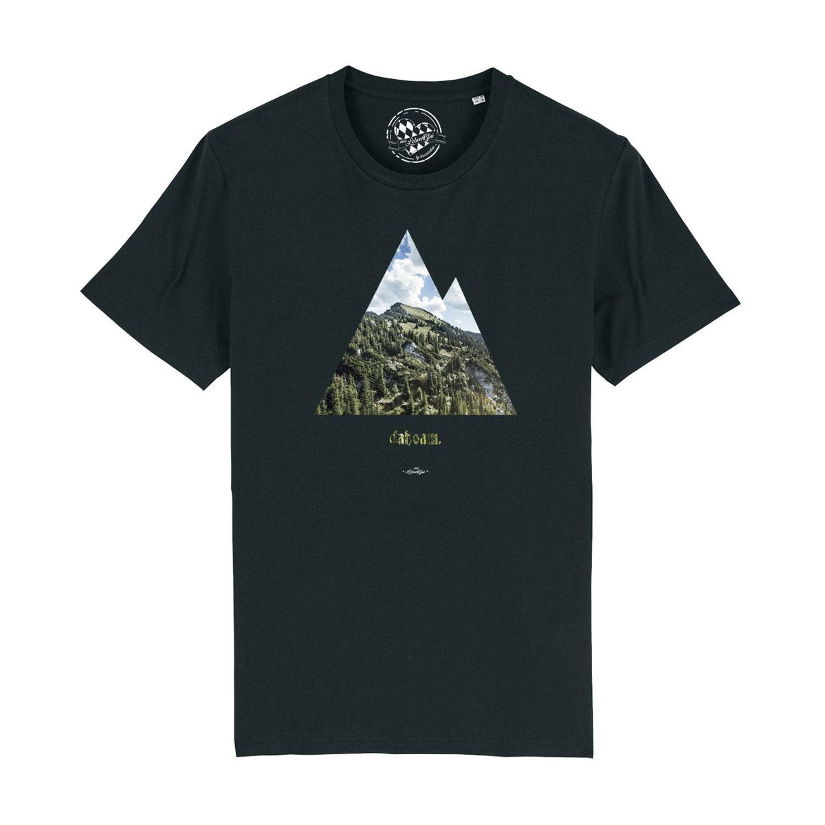 Schwarzes Herren T-Shirt dahoam mit Bergmotiv, bewaldeten Hängen und dem Schriftzug dahoam