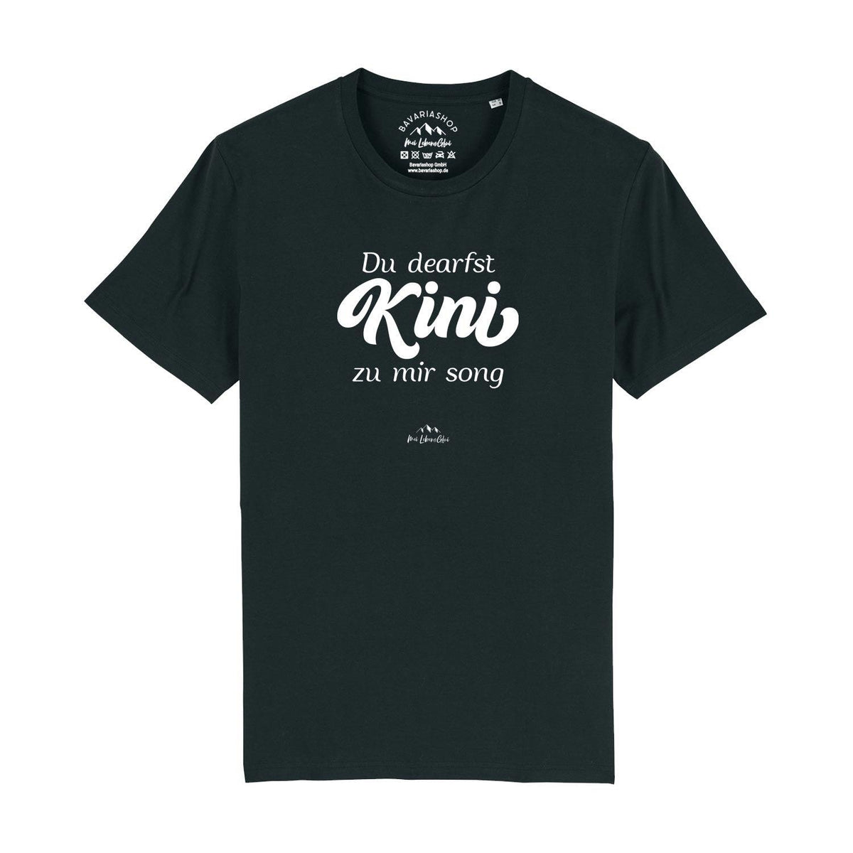 Schwarzes Herren T-Shirt "Du dearfst Kini zu mir sogn" mit weißem Schriftzug und kurzem Arm.
