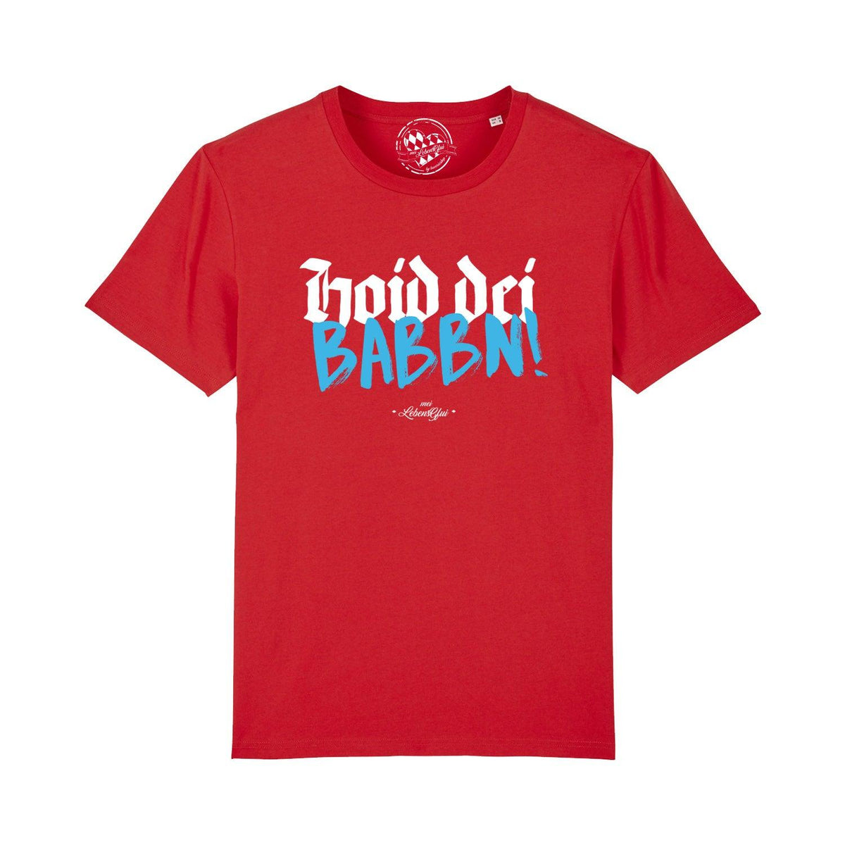 Rotes Herren T-Shirt Hoid dei Babbn mit weiß-blauem Print, klassischem Rundhalsausschnitt und kurzen Ärmeln