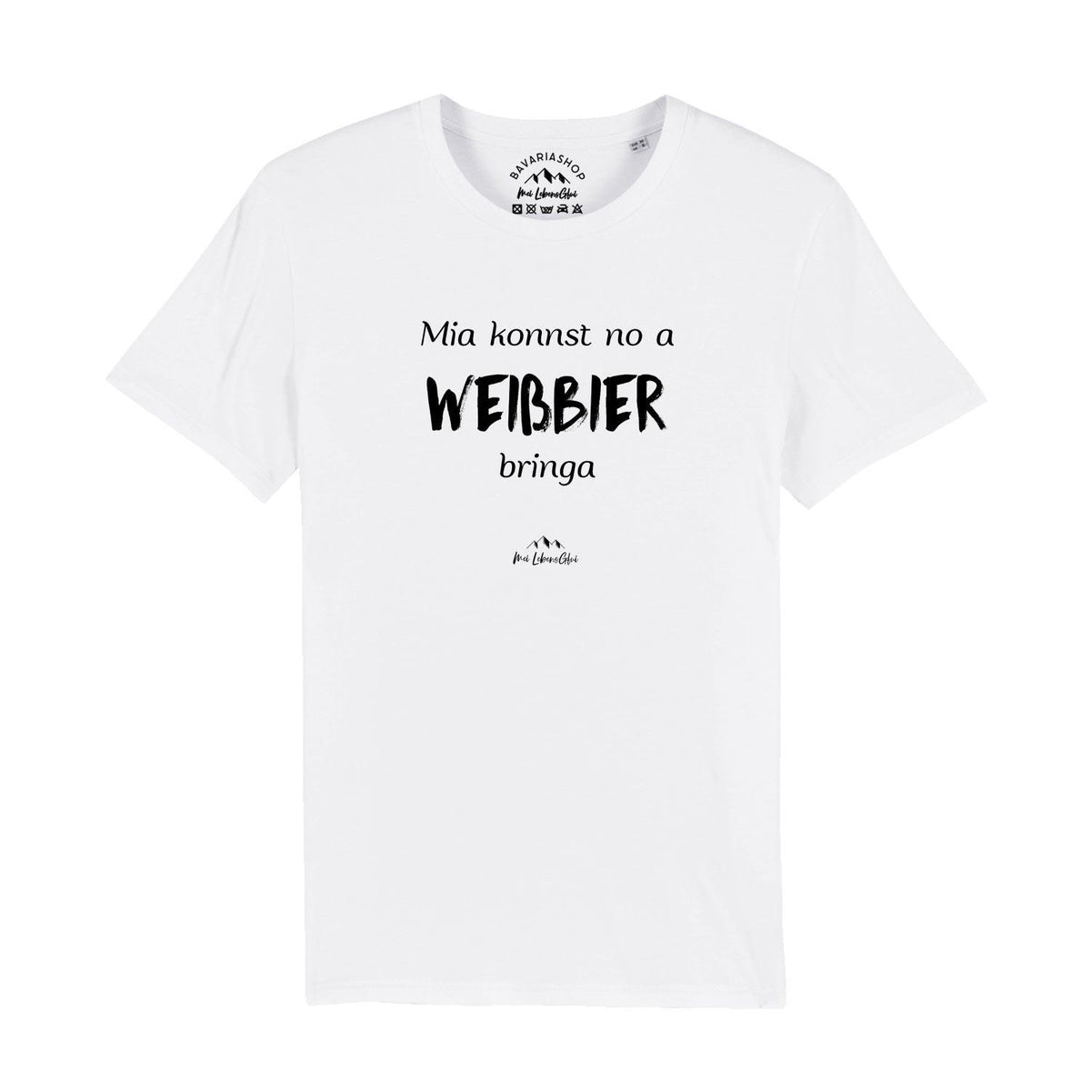 Herren T-Shirt Mia konnst no a Weißbier bringa in Weiß mit schwarzem bayerischem Spruch.
