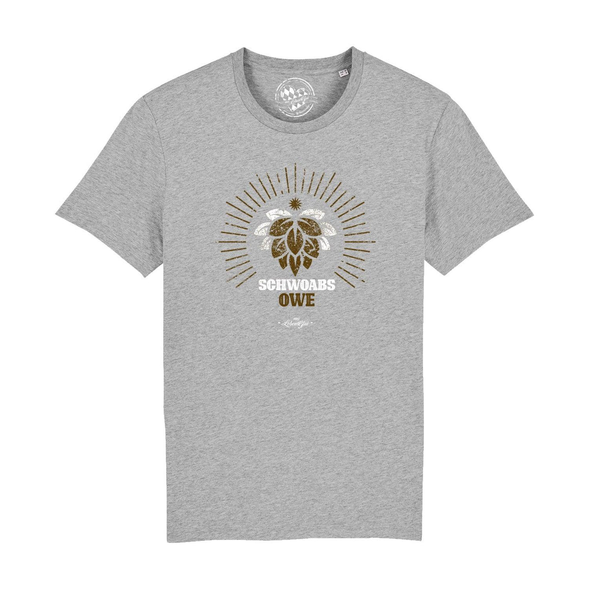 Herren T-Shirt "Schwoabs owe" in Grau mit Hopfen-Motiv, Stern und Schriftzug in Braun.