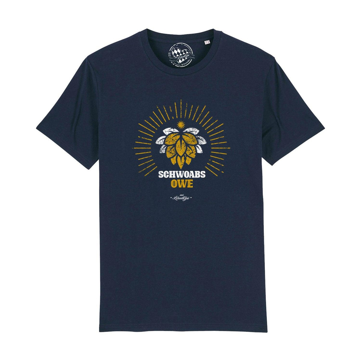 Dunkelblaues Herren T-Shirt Schwoabs owe mit gelbem Hopfen-Design und Sonnenstrahlen auf der Brust.