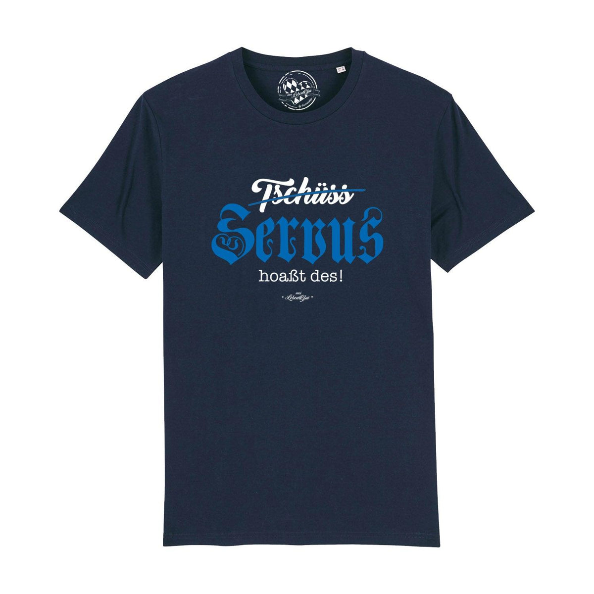 Dunkelblaues Herren T-Shirt Servus hoaßt des! mit weiß-blauem bayerischem Schriftzug, lockerer Passform