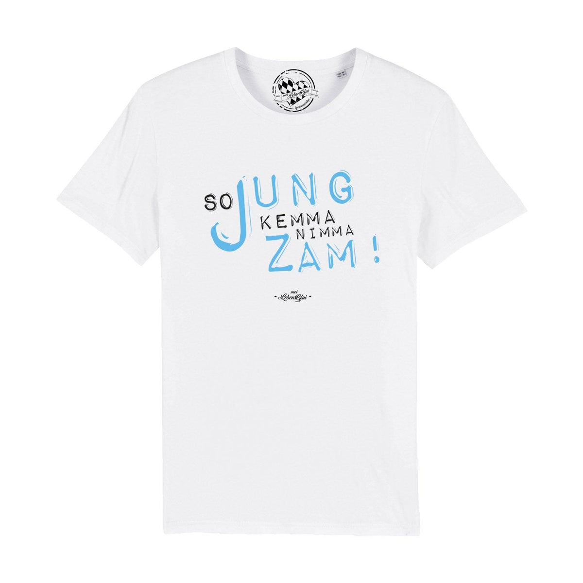 Herren T-Shirt So jung weiß mit blauem und schwarzem Schriftzug So jung kemma nimma zam!