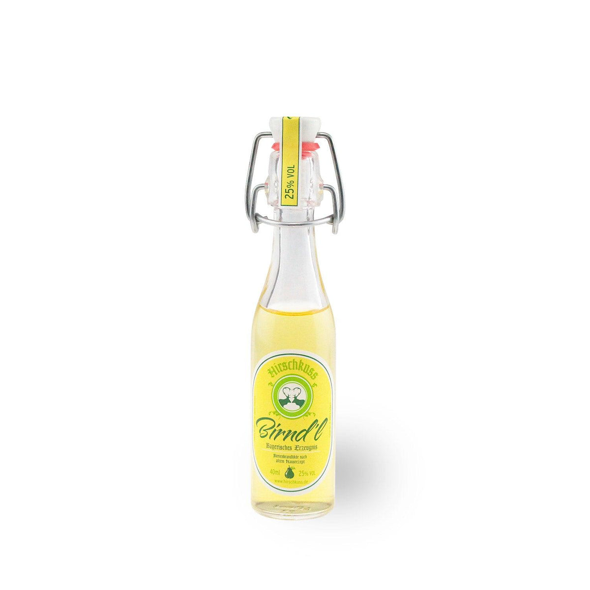 Hirschkuss Mini Birnenbrandlikör Birnd'l, 40ml Flasche mit Bügelverschluss, gelbes Etikett, 25% Vol.