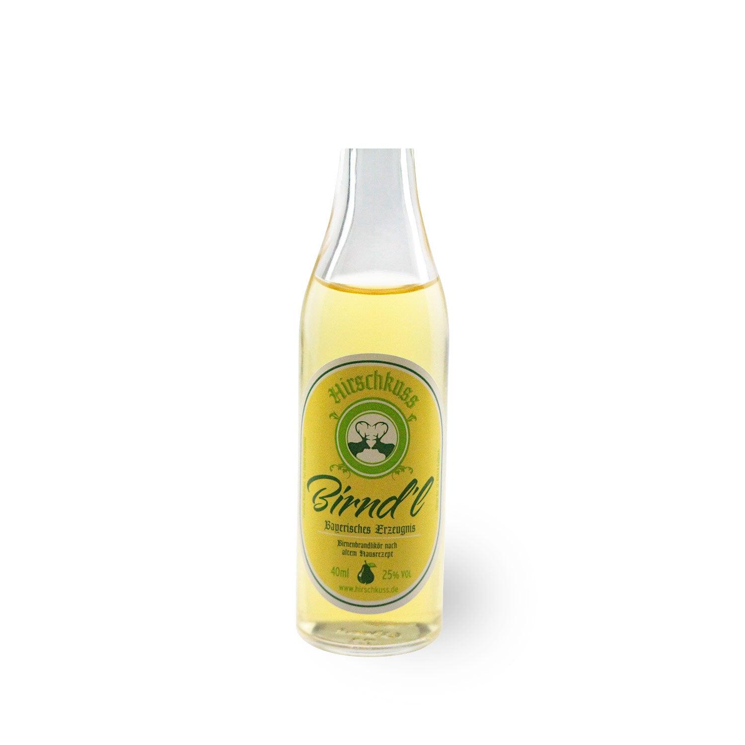 Hirschkuss Mini Birnenbrandlikör "Birnd'l" in kleiner, klarer Glasflasche mit gelbem Etikett