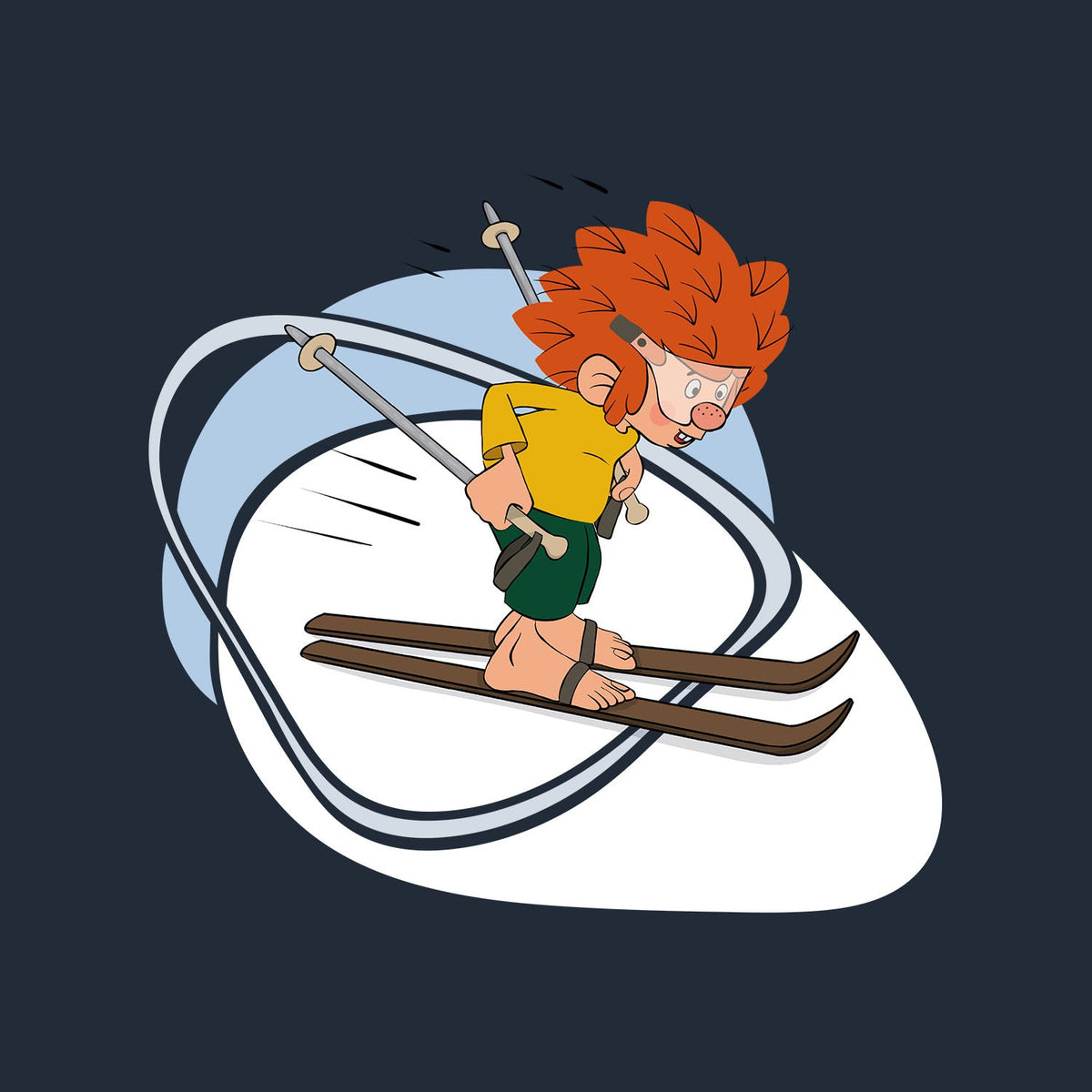 Detail Pumuckl Ski-Motiv: Pumuckl auf Skiern mit Skistöcken auf dem dunkelblauen Hoodie