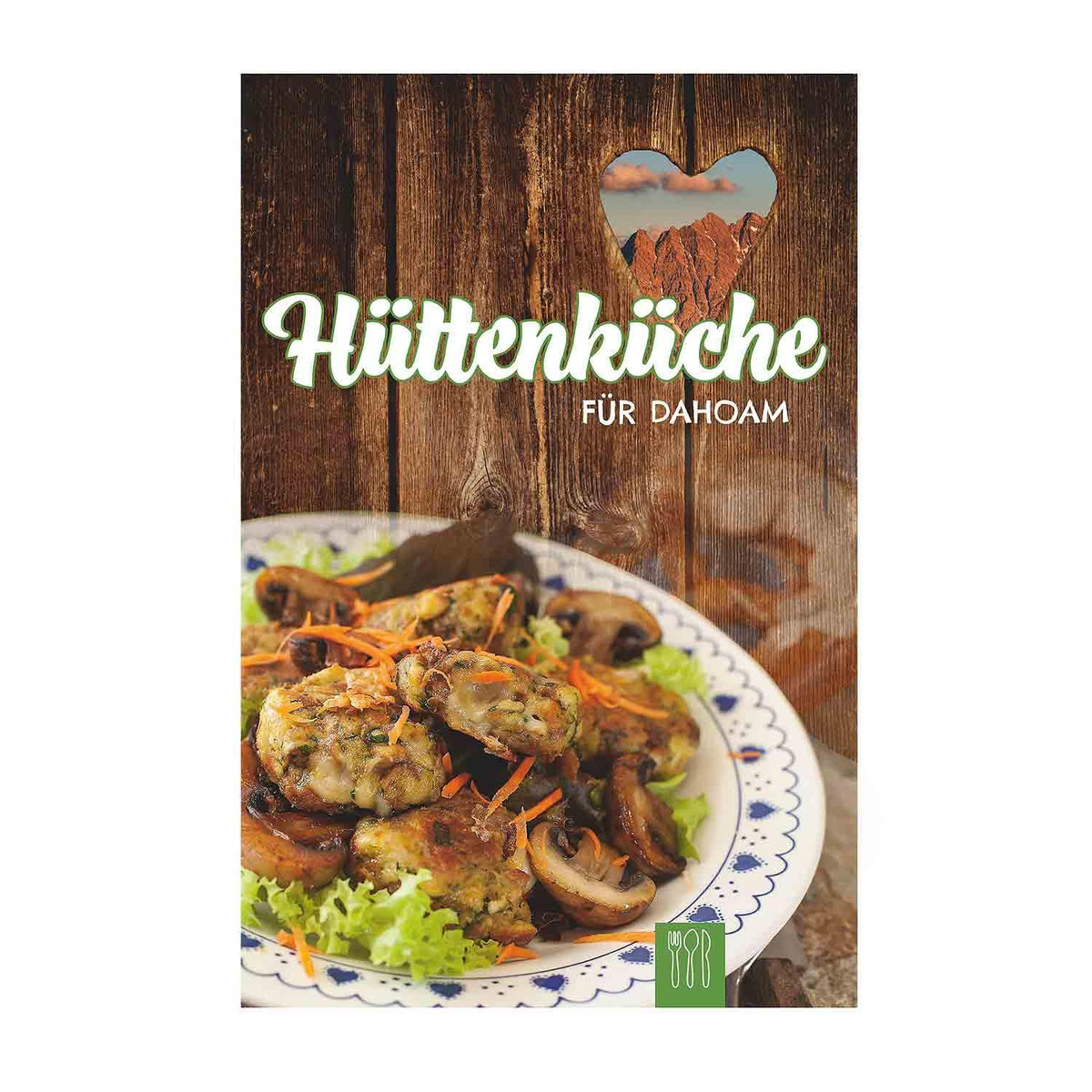 Titelbild des Kochbuchs "Hüttenküche für Dahoam" mit herzhaften Pilzkrapfen und Salat, vor Holzbrett-Hintergrund.