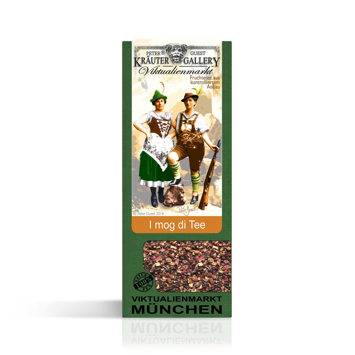 Verpackung mit bayerntypischem Motivpaar in Tracht und Schriftzug "I mog di Tee" Viktualienmarkt München.