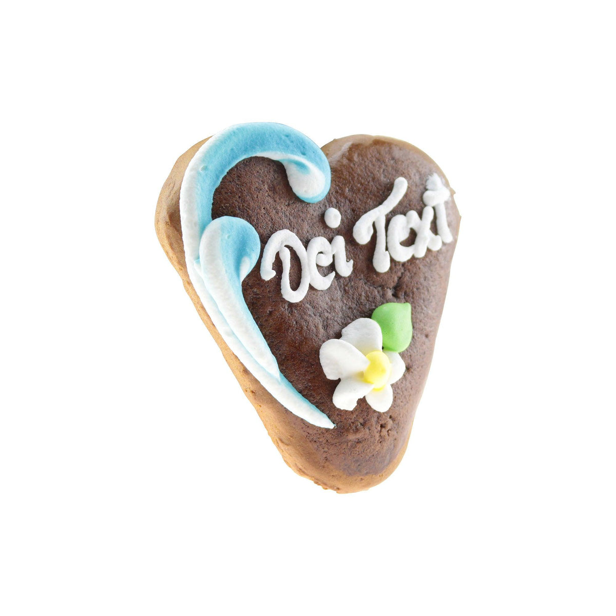Braunes Lebkuchenherz mit blauer, weißer und gelber Zuckergussverzierung, inklusive schreibbarer Fläche und Blume.