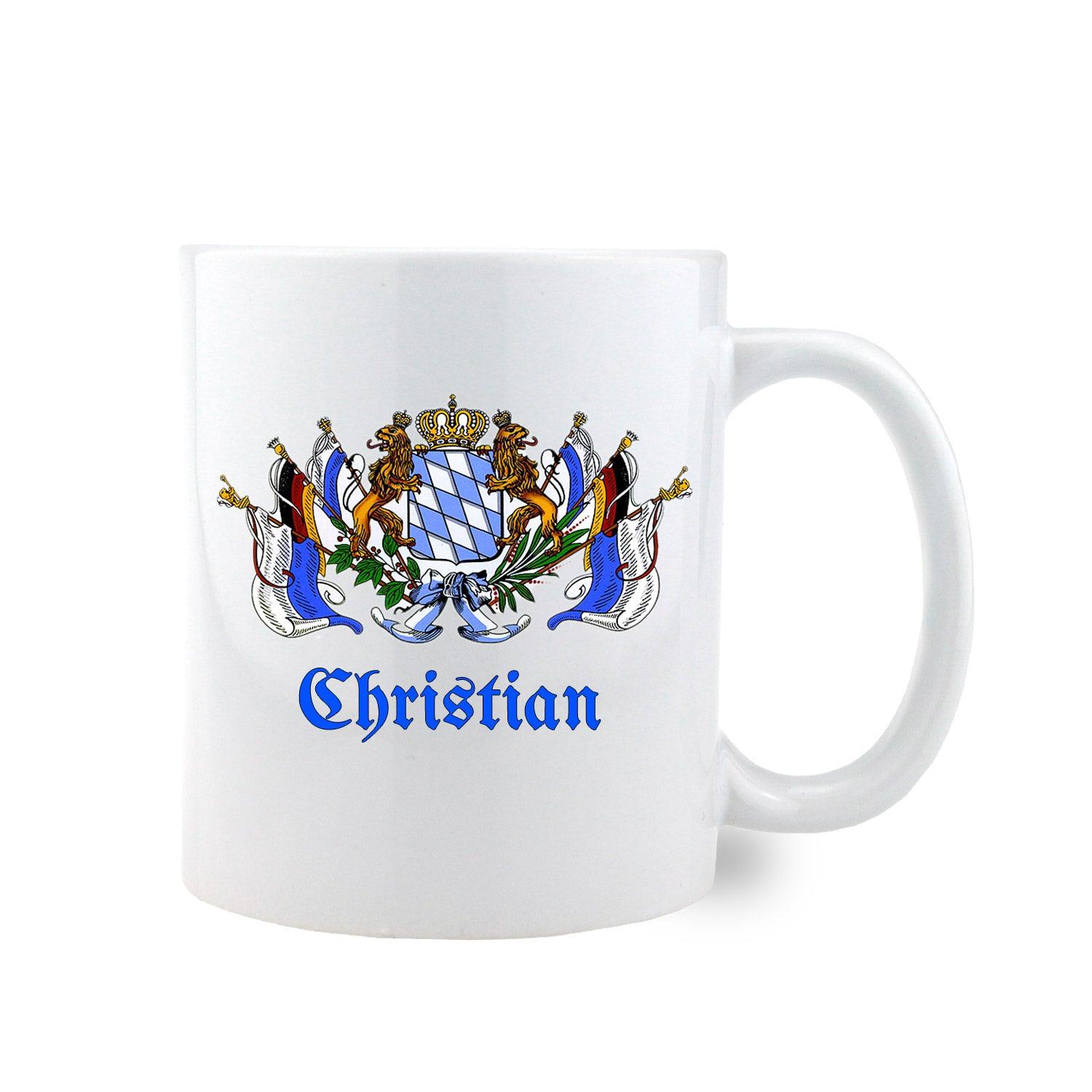 Weißes Kaffee Haferl Bayern mit blauem Wappen und personifiziertem Namen Christian.