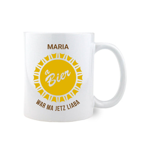 Kaffee-Haferl Bier war ma liaba mit gelbem Kronkorken-Motiv, Wunschname Maria auf weißem Hintergrund.
