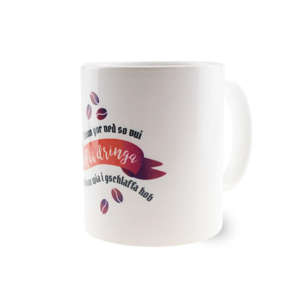 Weißes Kaffee-Haferl "I kunn gor ned so vui..." mit rotem Schriftzug und Kaffeebohnenmuster, Keramik.