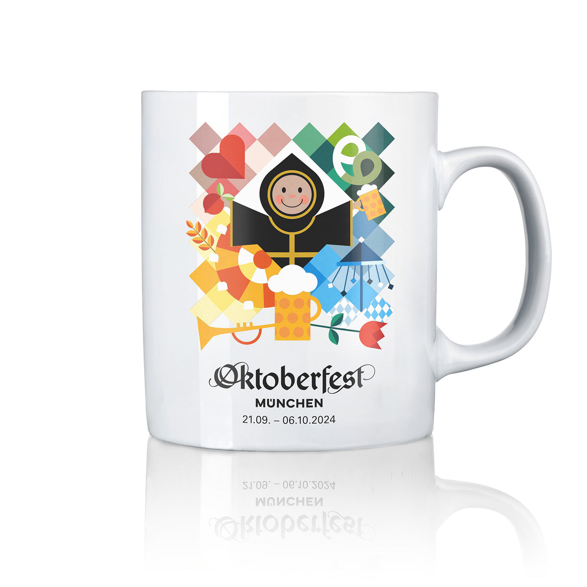 Offizielle Oktoberfest-Sammlertasse 2024 weiß mit buntem Festival-Design wie Bierkrug, Dirndl und Brezel.