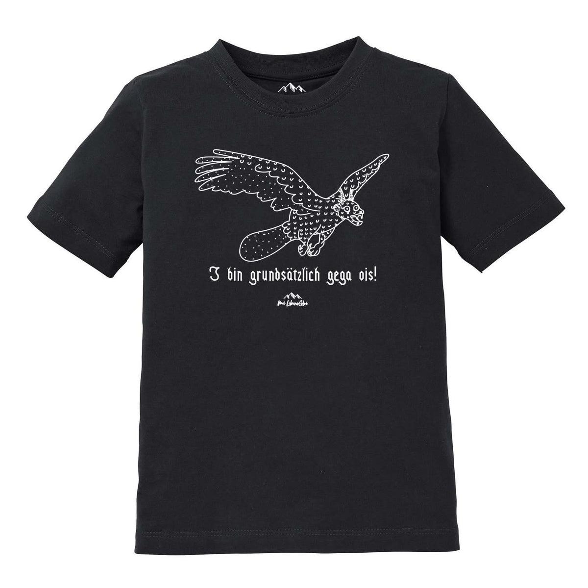 Schwarzes Kinder T-Shirt Wolpertinger Gega ois mit weißem Fabelwesen-Druck und bayerischem Spruch