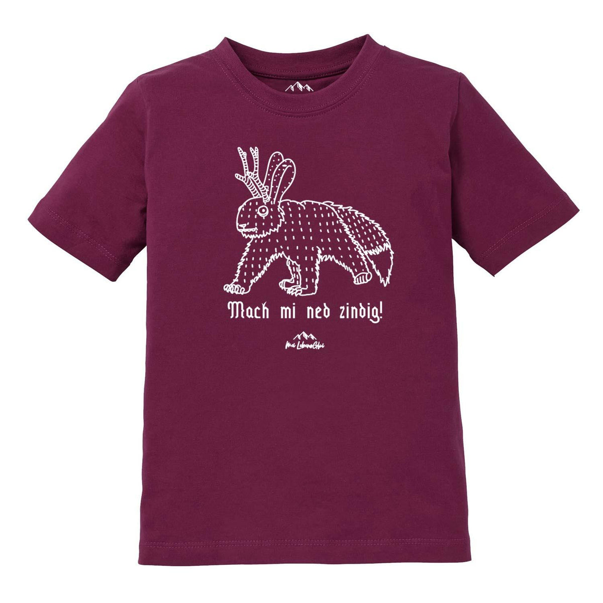 Kinder T-Shirt Wolpertinger “Mach mi ned zindig” in Weinrot mit weißem Wolpertinger-Druck auf der Vorderseite.