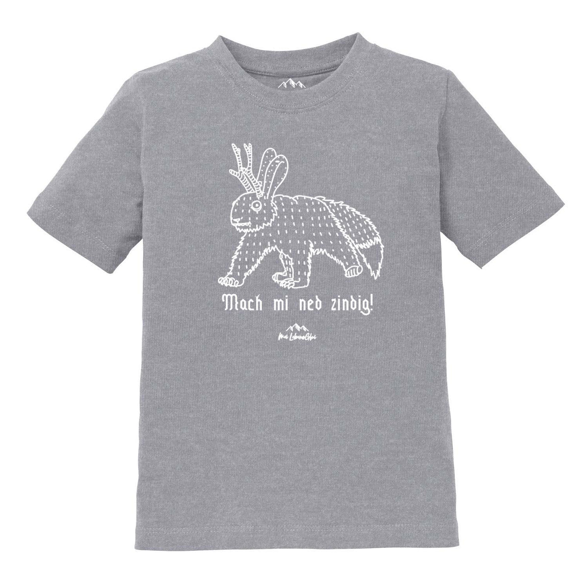 Graues Kinder T-Shirt Wolpertinger "Mach mi ned zindig" mit weißem Fabelwesen-Druck.