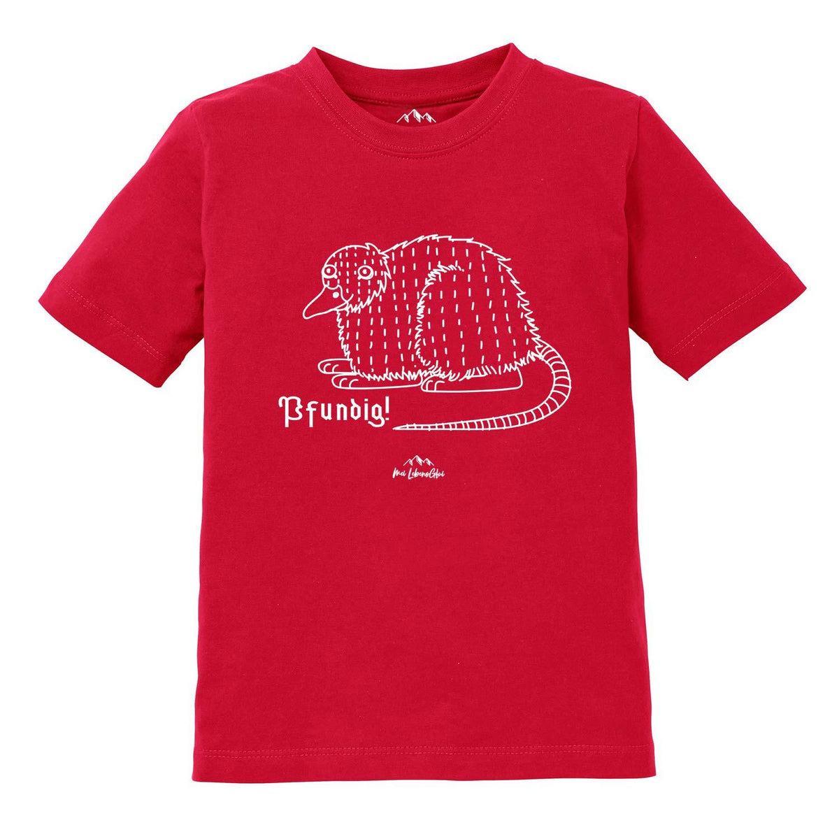 Rotes Kinder T-Shirt Wolpertinger Pfundig mit weißem Fantasietier-Druck und bayerischem Spruch