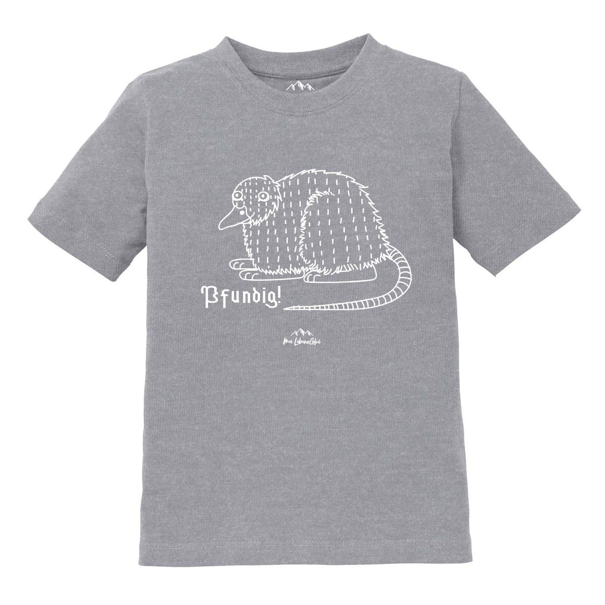 Graues Kinder T-Shirt Wolpertinger Pfundig mit lustigem Fabeltier-Motiv und Schriftzug für Jungen und Mädchen.