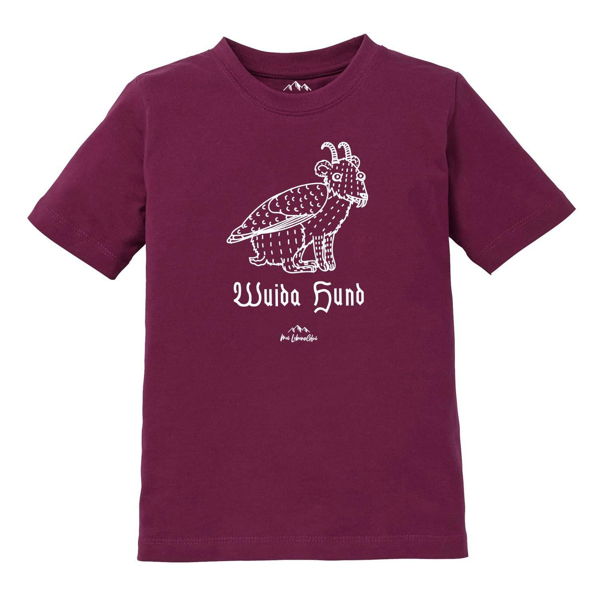 Kinder T-Shirt Wolpertinger Wuida Hund in Bordeauxrot mit weißem Fabelwesen-Druck und Schriftzug.