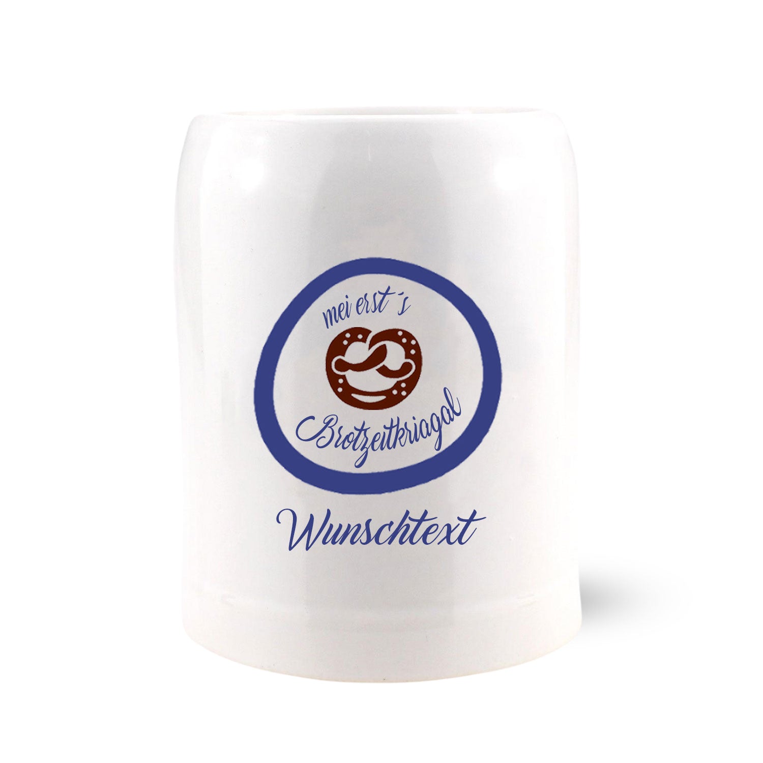 Weißer Keramik Kinderkrug "mei ersts Brotzeitkriagal" für Buam mit blauem Pretzel-Motiv und Wunschtext-Option.