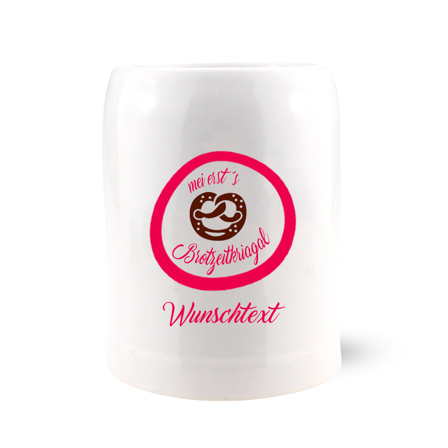 Weißer Kinderkrug für Madl "mei ersts Brotzeitkriagal" mit Brezel-Motiv und Wunschtext in Pink.