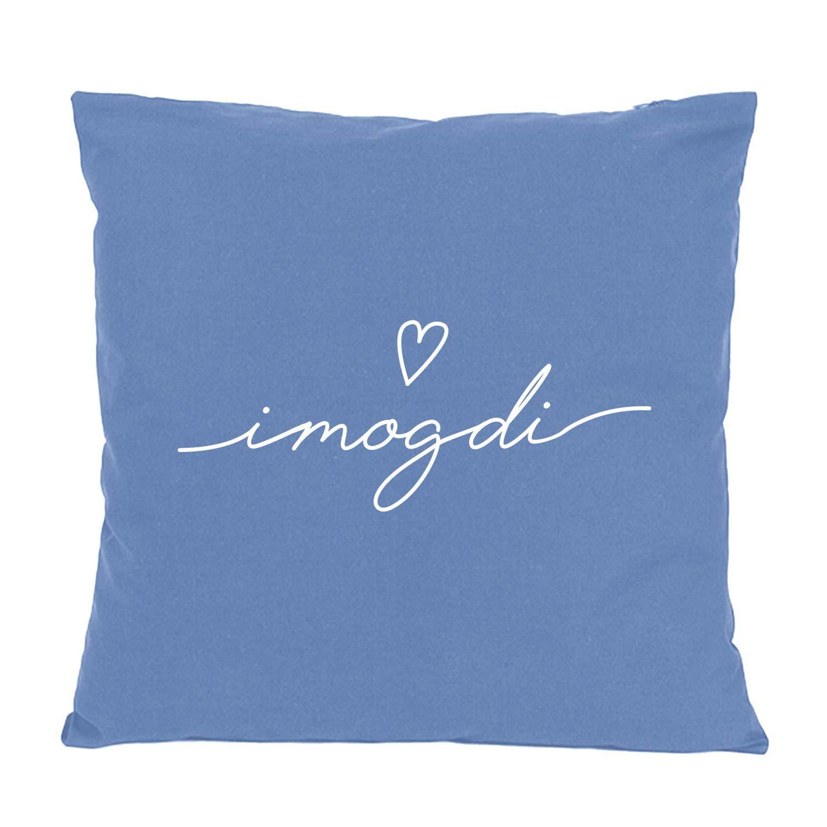 Blaues Kissen "I mog di" mit weißer, handgeschriebener Aufschrift und Herz-Symbol, Dekokissen Baumwolle.