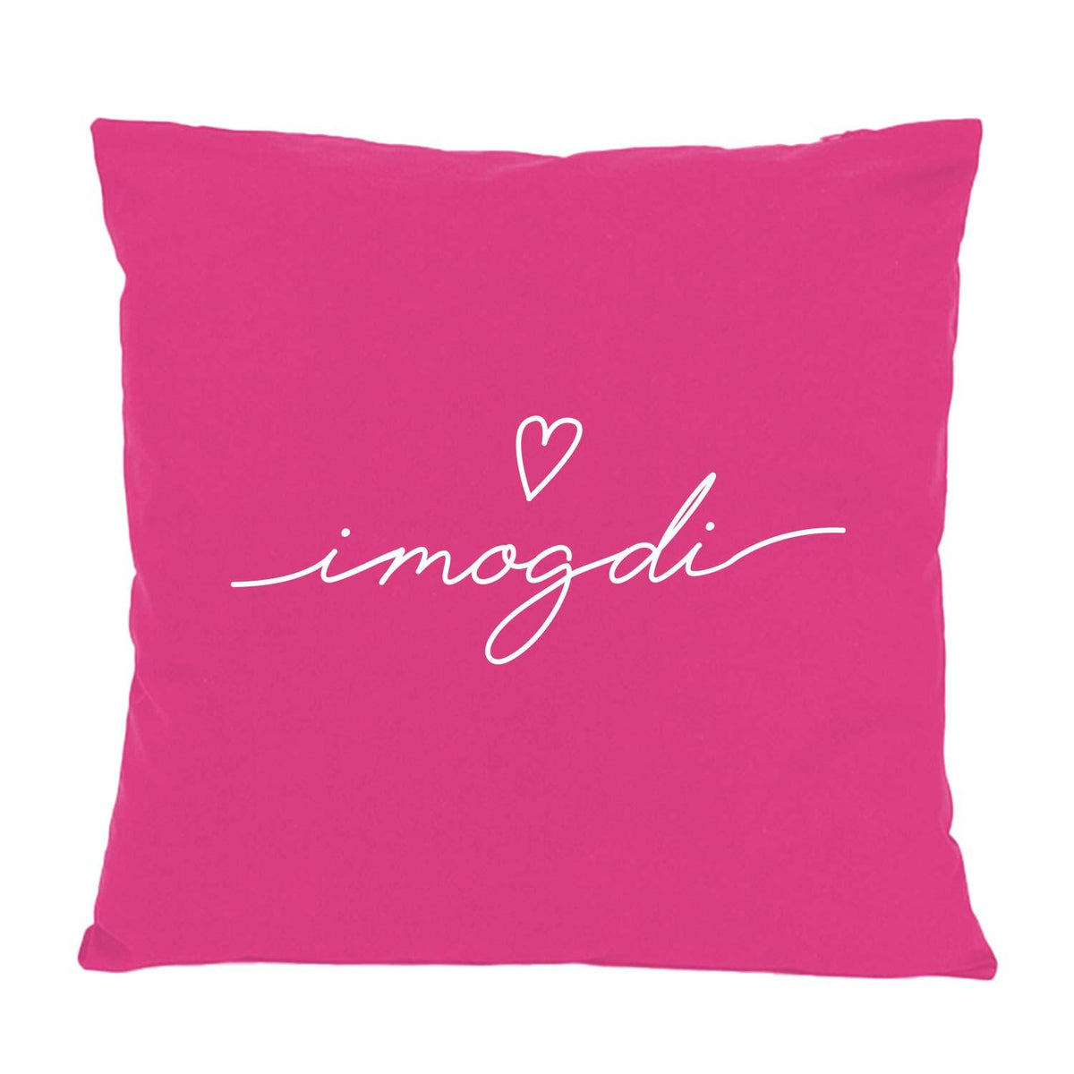 Fuchsia-farbenes Kissen "I mog di" mit weißem Schriftzug und kleinem Herzmotiv, weiche Wohnzimmerdekoration