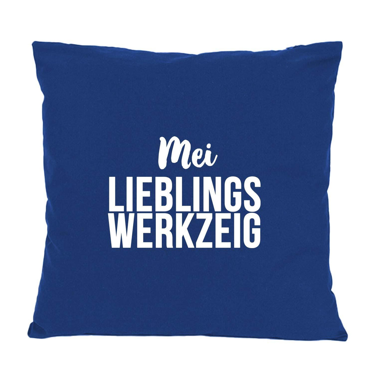 Dunkelblaues Kissen "Mei Lieblingswerkzeig" mit weißem Schriftzug, rechteckige Form, weicher Stoff.