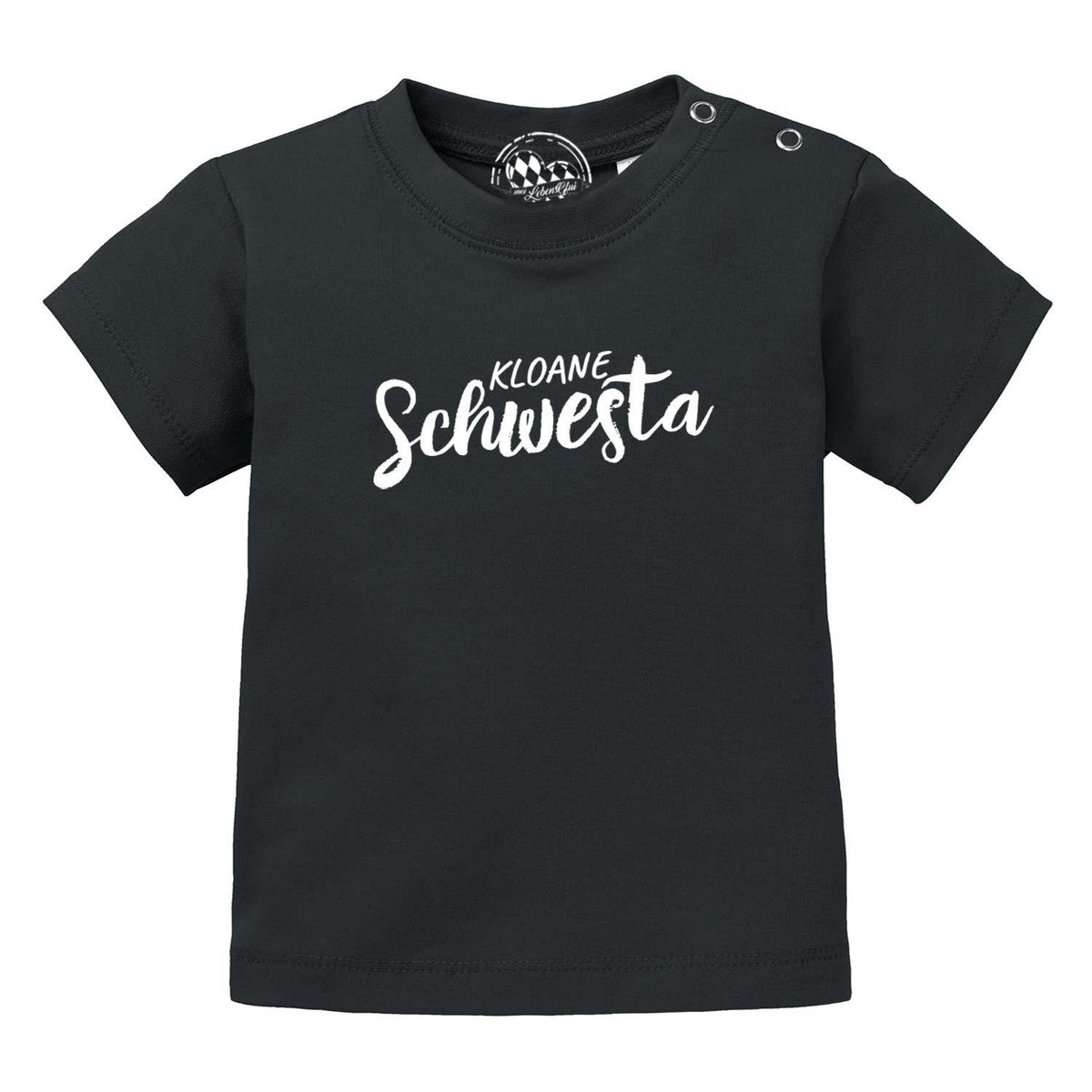 Schwarzes Baby T-Shirt "Kloane Schwesta" aus Baumwolle mit weißem Schriftzug und Druckknöpfen an der Schulter