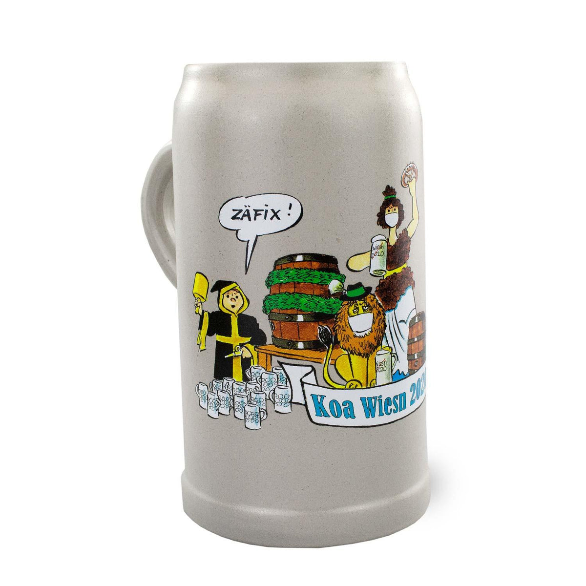 Grauer Koa Wiesnkrug 2020 aus Keramik mit buntem Motiv von Löwen und Mönch, Oktoberfest-Design.