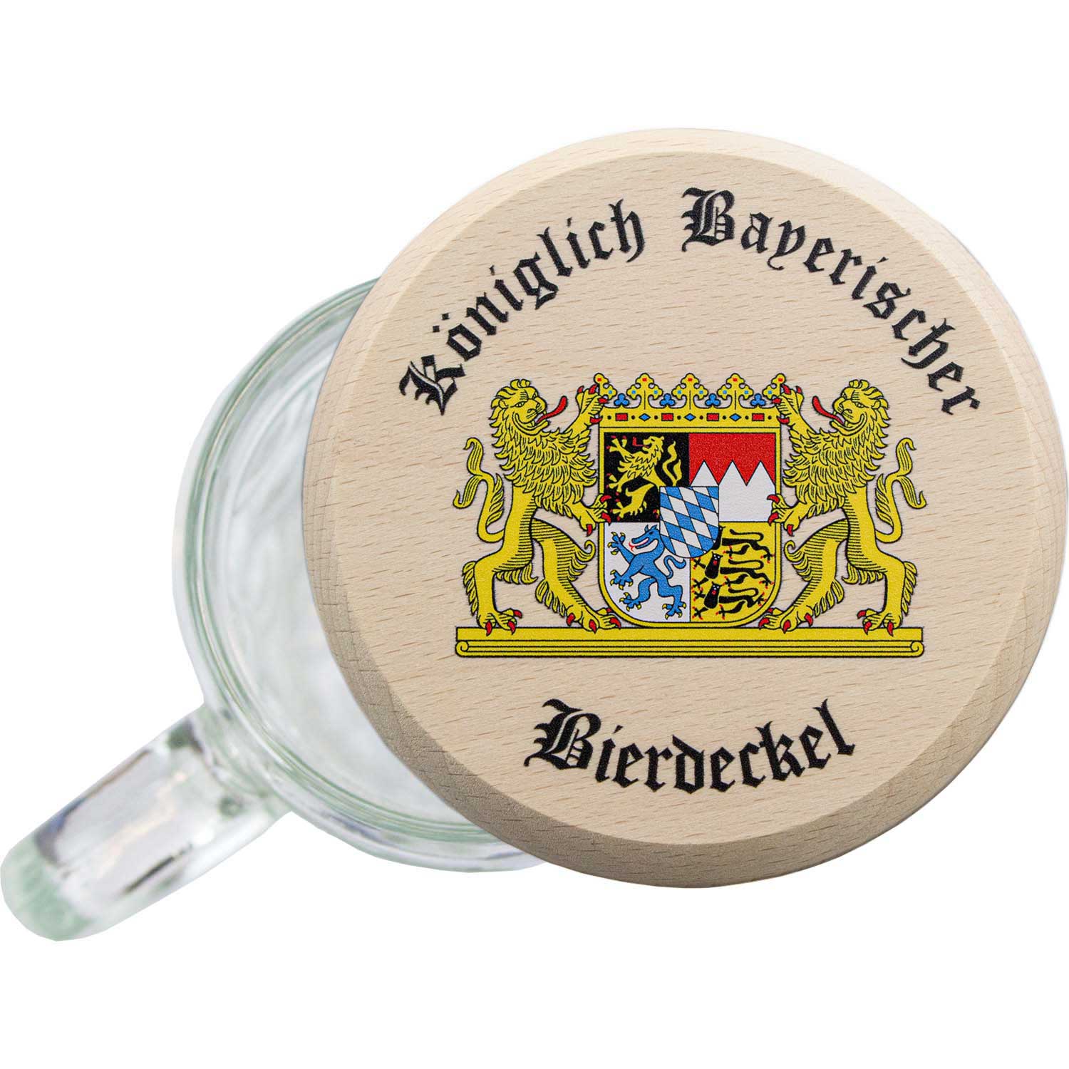 Königlich Bayrischer Holz-Bierdeckel mit Wappen und Schriftzug auf einem Bierkrug-Rand
