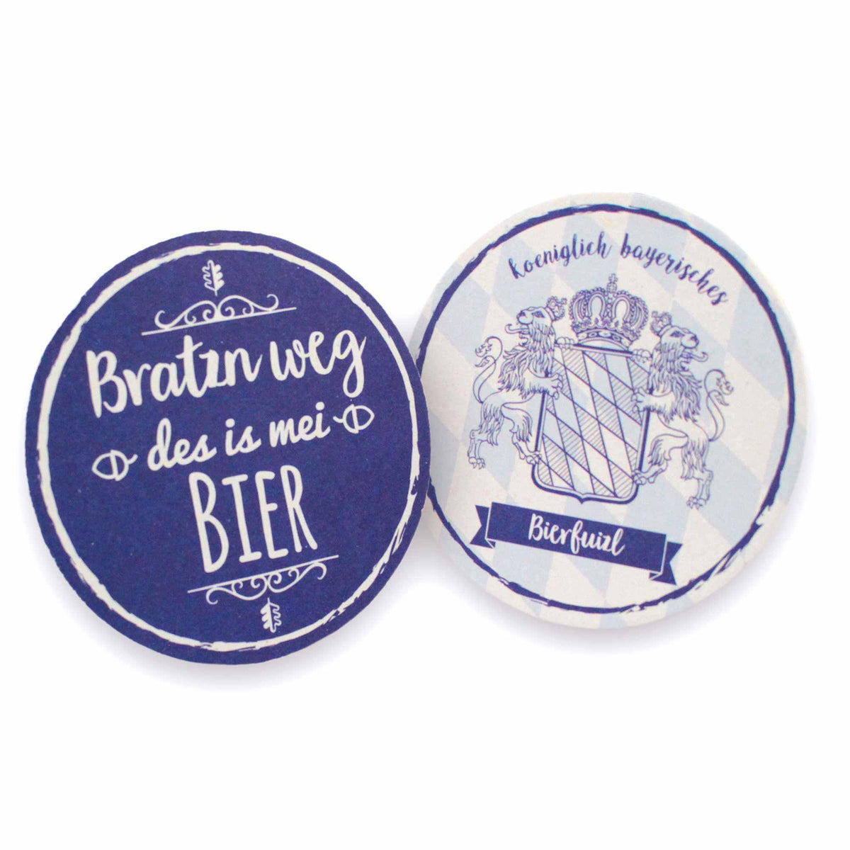 Zwei runde bayerische Bierfilzl Untersetzer mit Schriftzug Bratzn weg des is mei Bier und Löwen-Wappen.