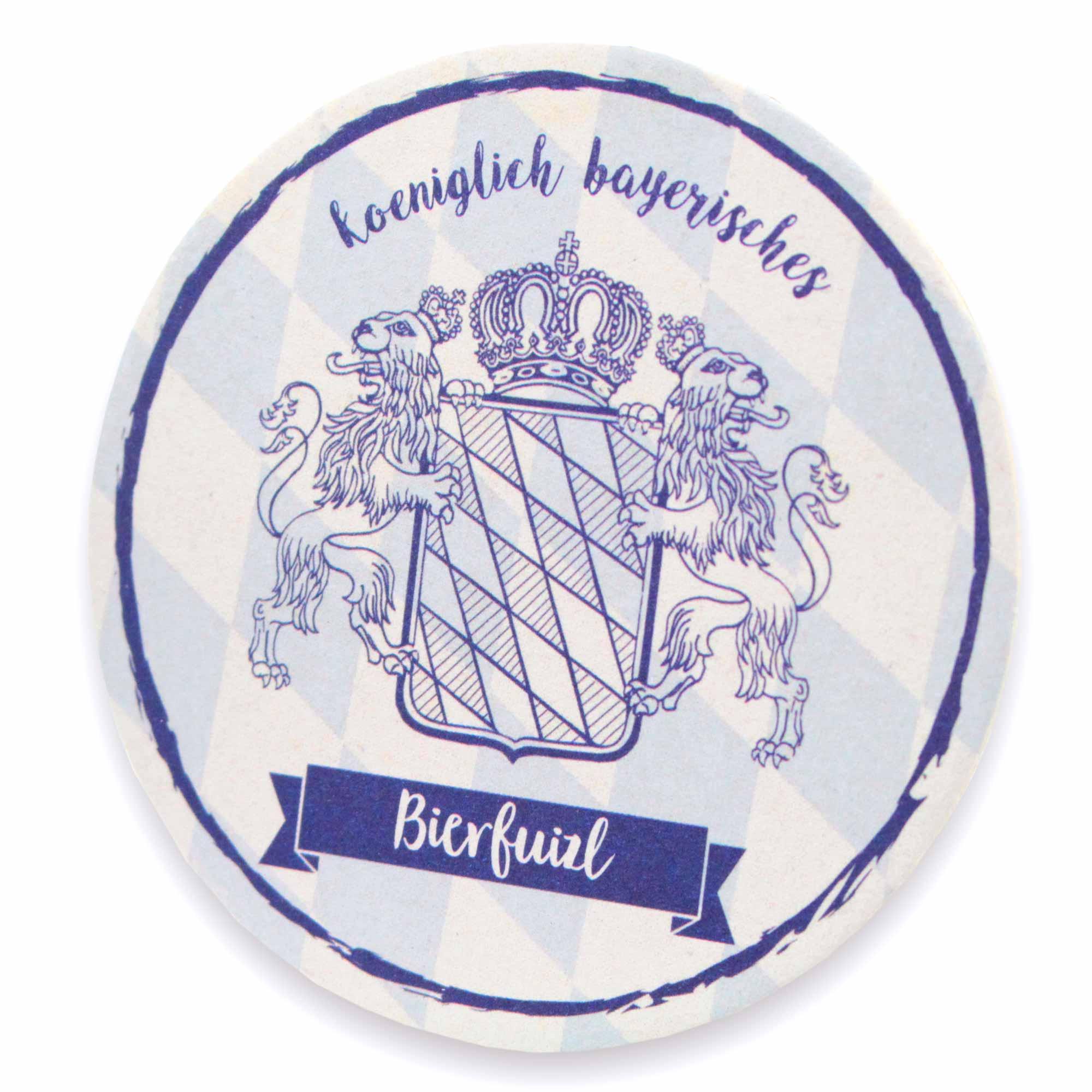 Runder Bierfilz mit königlich bayerischem Wappen, zwei Löwen, Krone und bayerischem Rautenmuster.