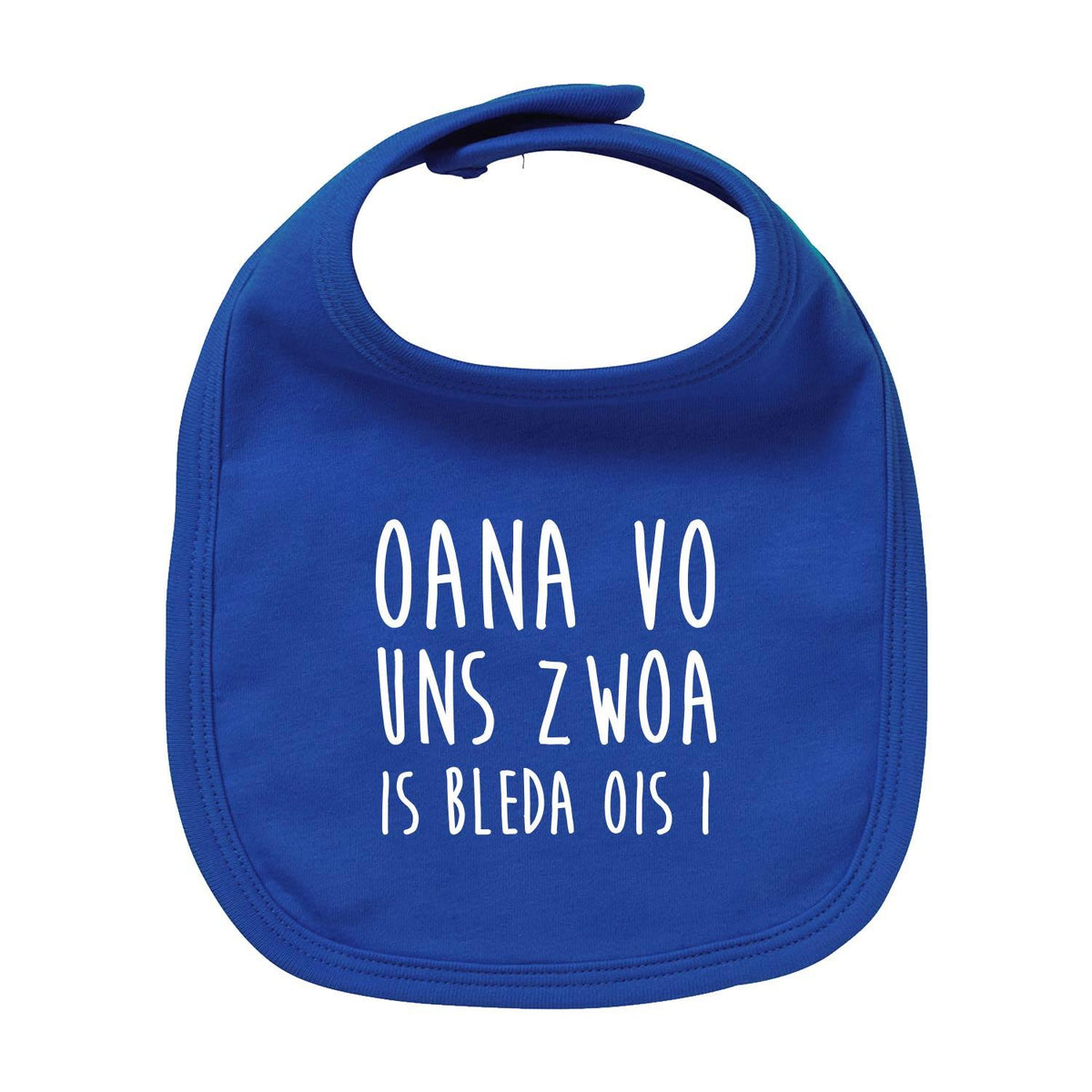 Blaues Baby Lätzchen Bleda ois i! mit weißem Druck Humorvoller Spruch für Babys und Kleinkinder