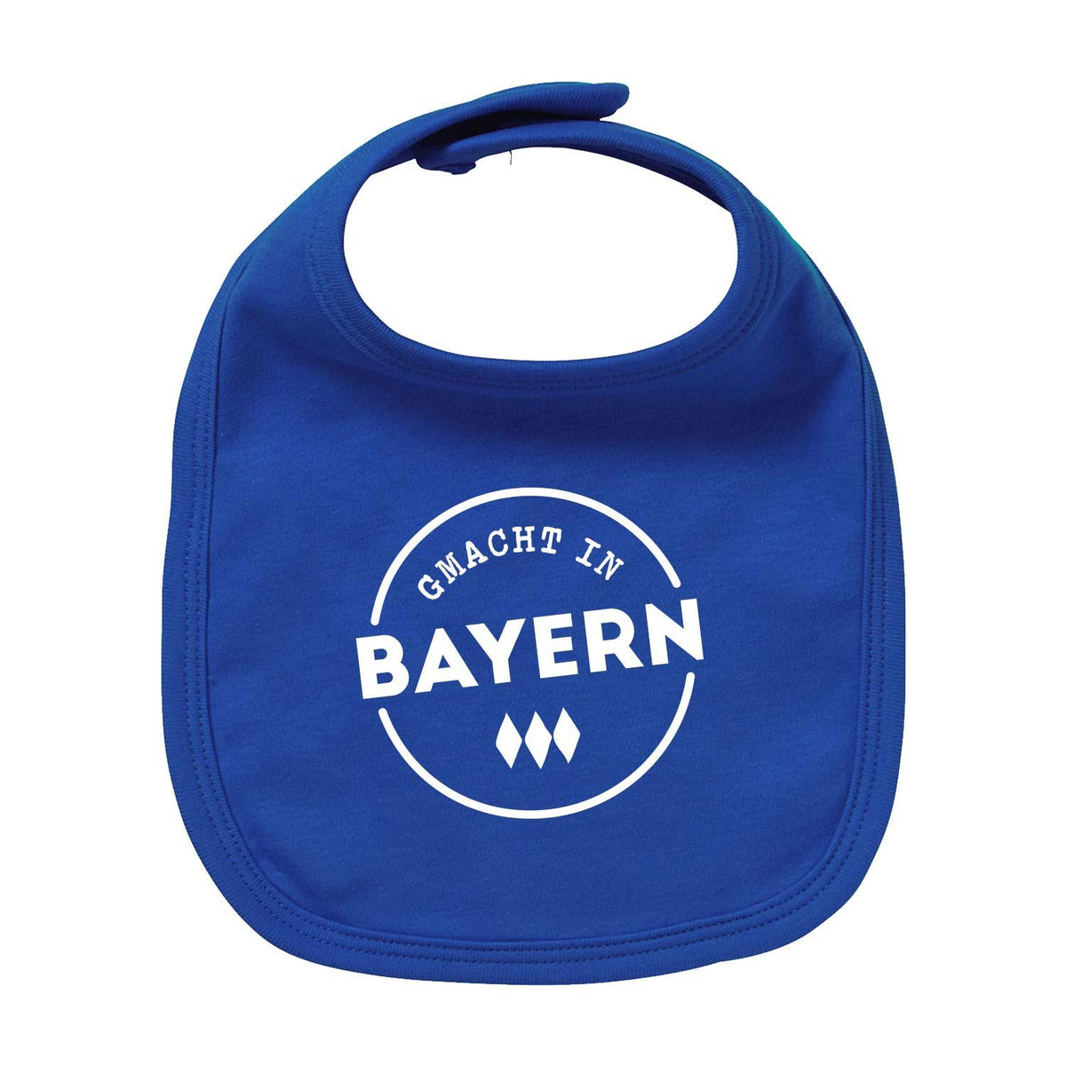 Blaues Baby Lätzchen Gmacht in Bayern mit weißem Schriftzug und weißem Rautenmuster als bayerisches Motiv.