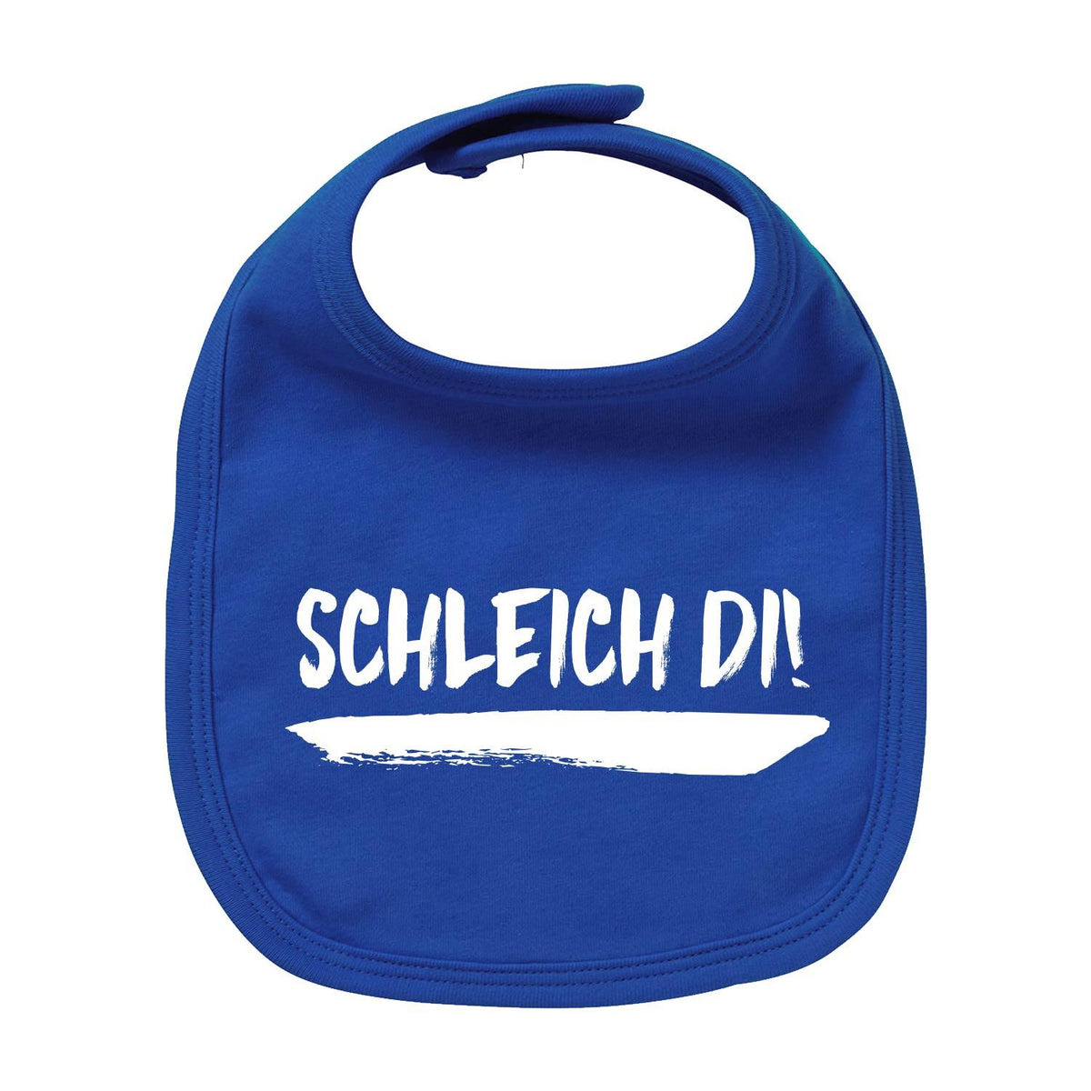Blaues Baby-Lätzchen Schleich di! mit weißem Aufdruck und Pinselstrich. Babylätzchen Baumwolle.