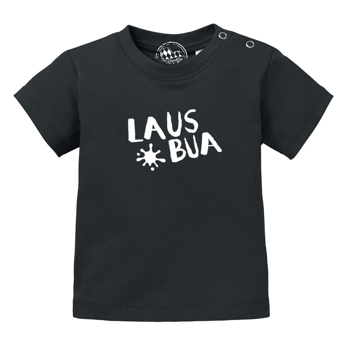 Schwarzes Baby T-Shirt Lausbua aus Baumwolle mit weißen Druckknöpfen an der Schulter für einfaches An- und Ausziehen.