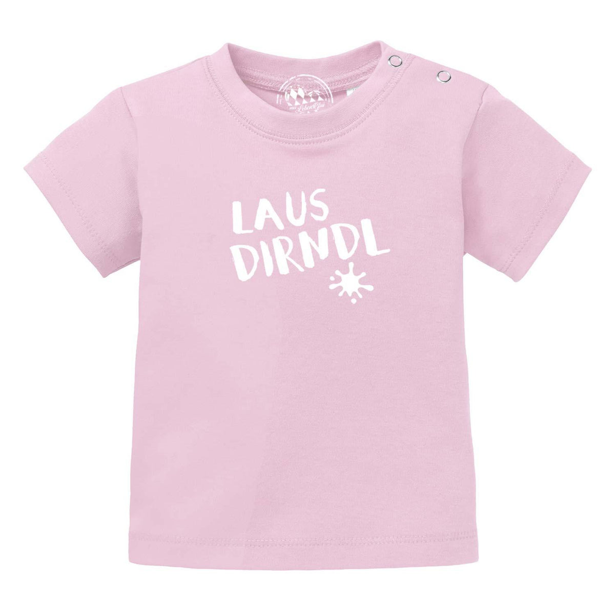 Rosafarbenes Baby T-Shirt Lausdirndl mit weißem Schriftzug und Ketchup-Fleck-Motiv, Druckknöpfe an der Schulter.