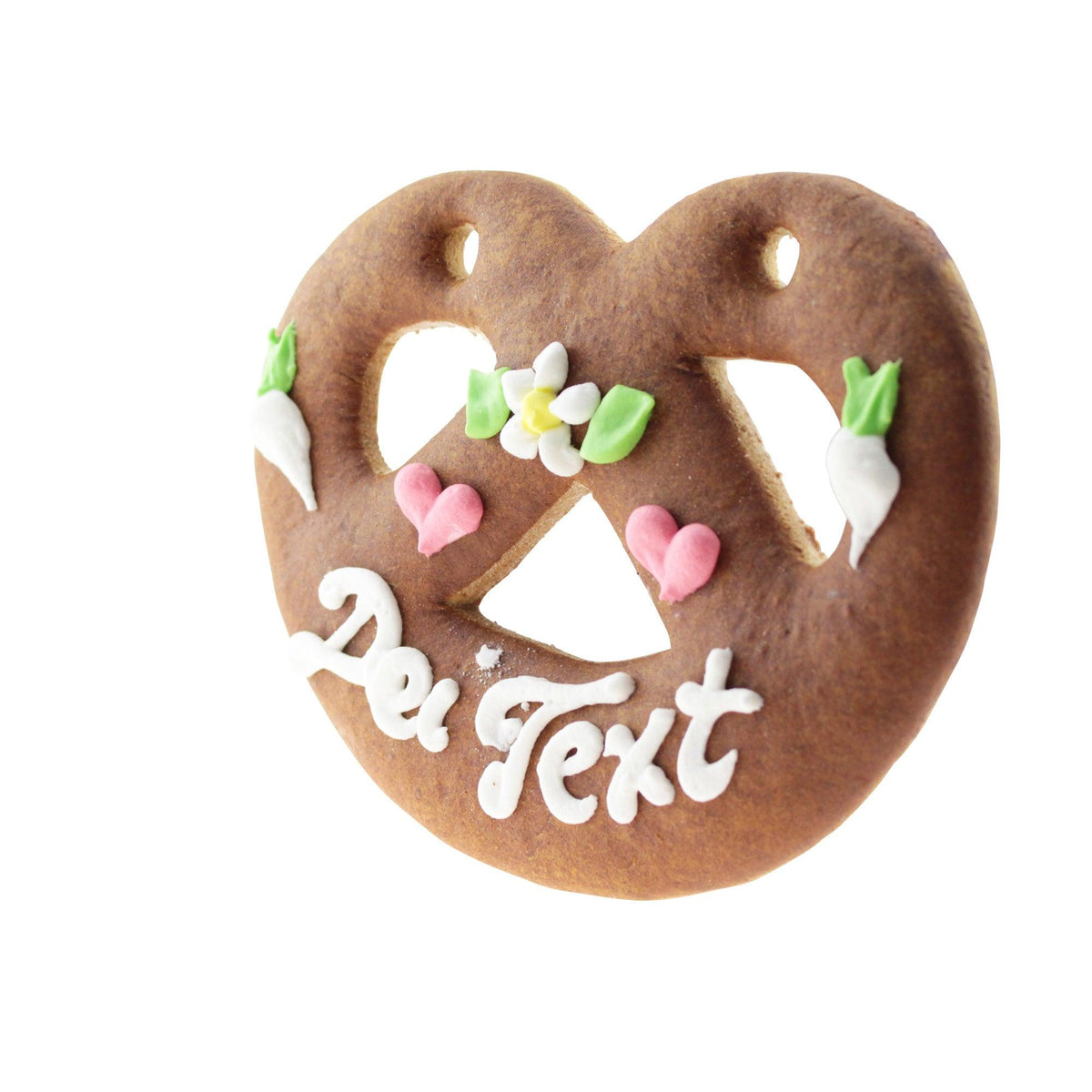 Lebkuchenherz mit individuell gestaltbarer weißer Zuckerschrift und bunter Dekoration aus Blumen und Herzen.