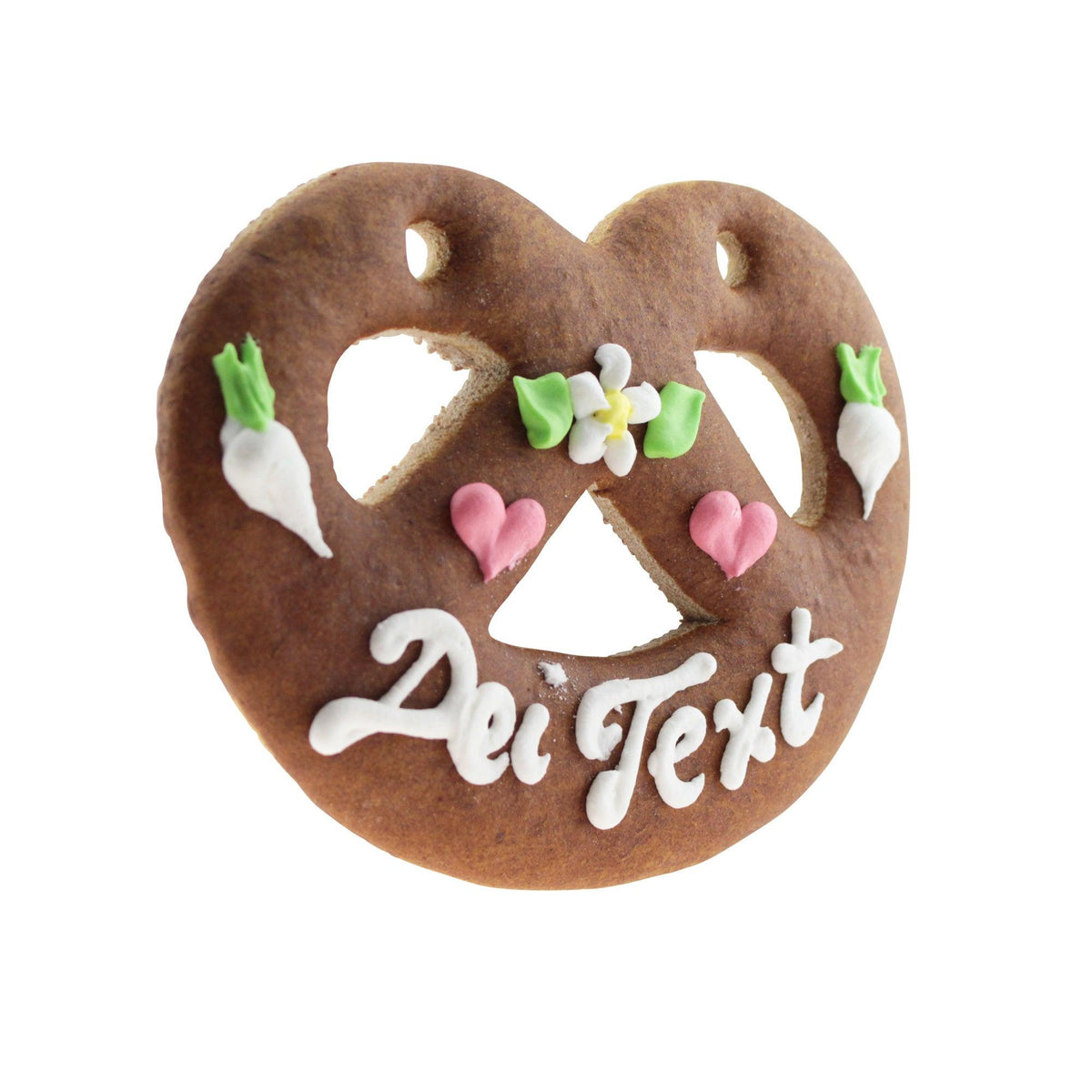Lebkuchenherz mit weißem Zuckerguss-Rand, bunten Blumen, rosa Herzen und weißer Aufschrift
