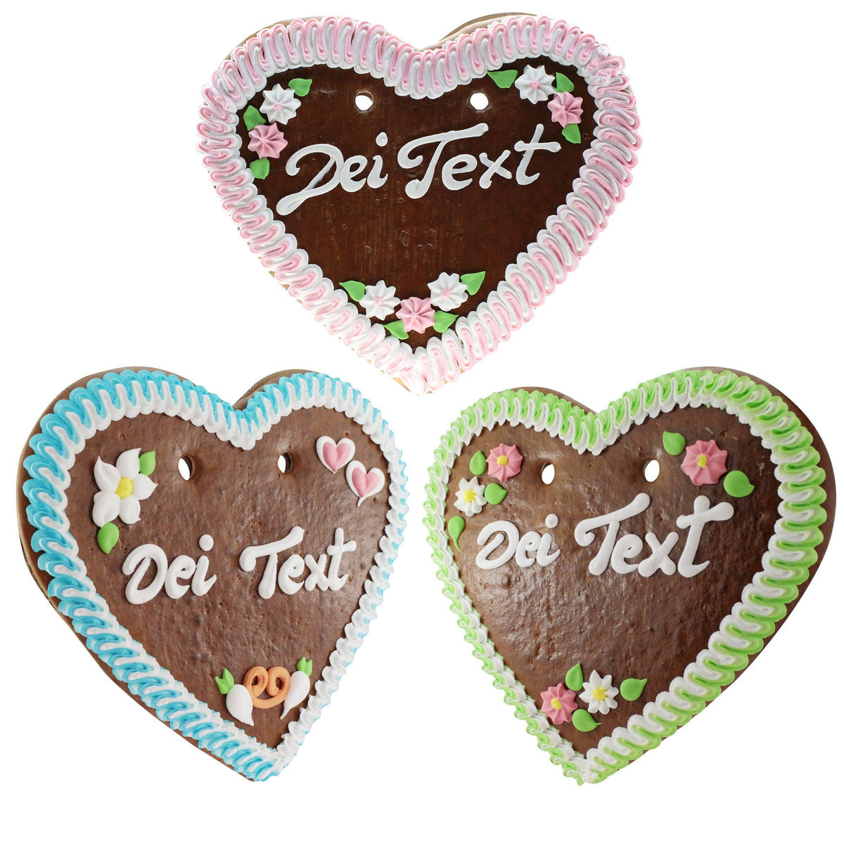 Drei braune Lebkuchenherzen mit personalisiertem Text, verziert mit farbiger Zuckergussumrandung und Blumenmustern.
