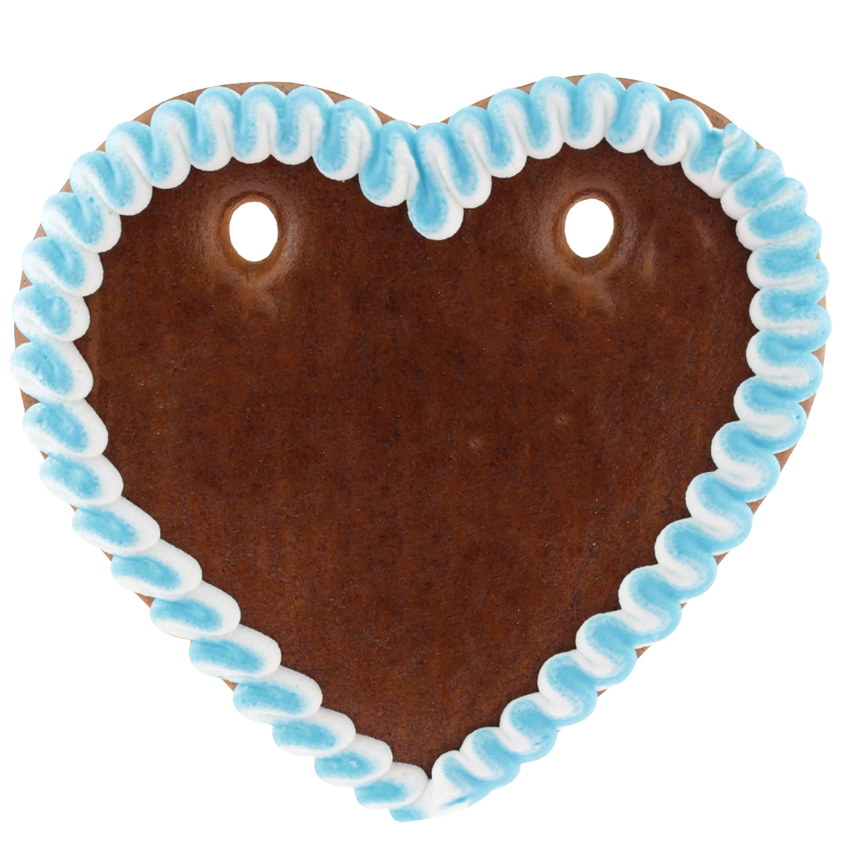 Lebkuchenherz ohne Beschriftung, Randfarbe blau, mit zwei Löchern für das Umhängeband