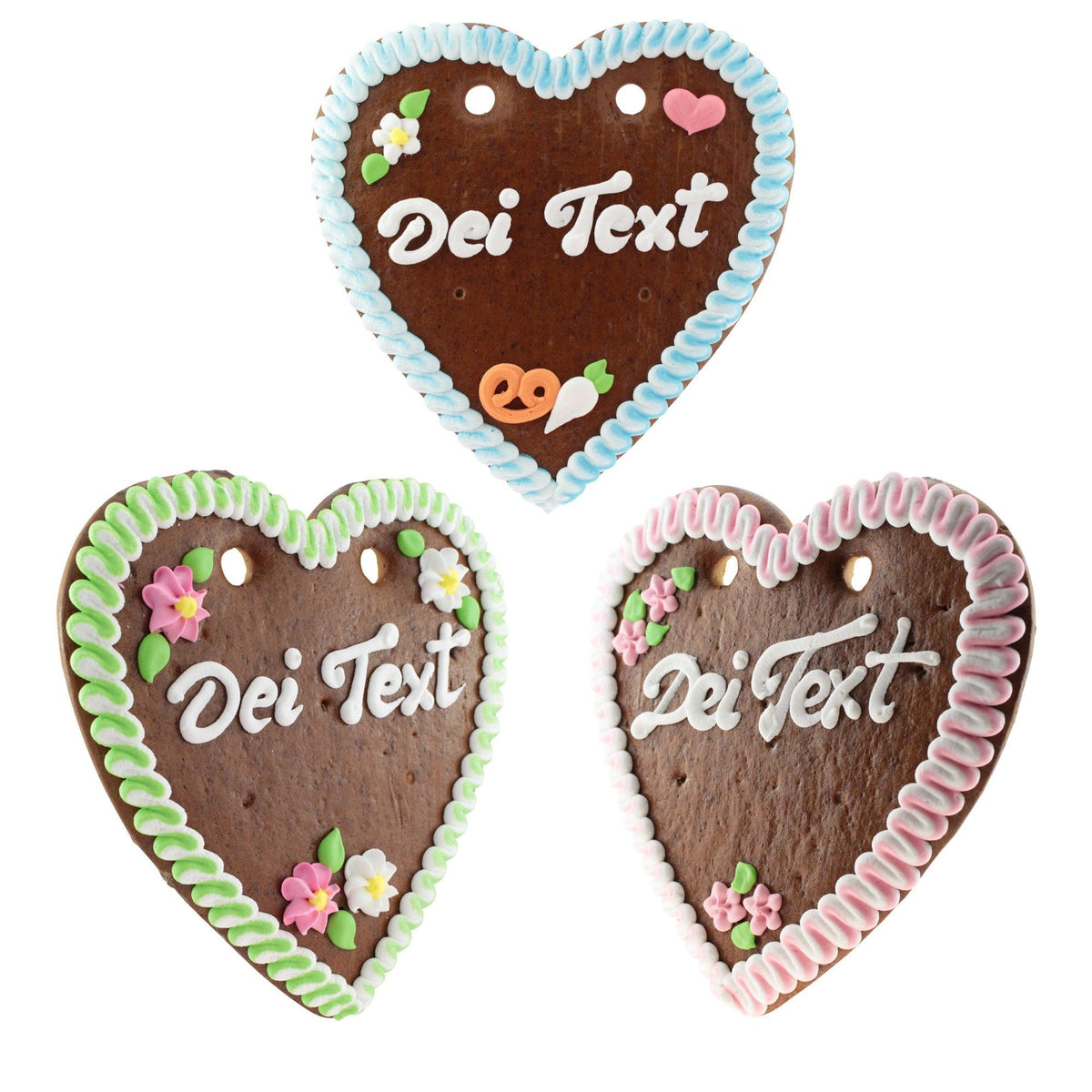 Drei braune Lebkuchenherzen mit personalisierbarer weißer Aufschrift Dei Text und bunten Randverzierungen, Blumen und Brezel.