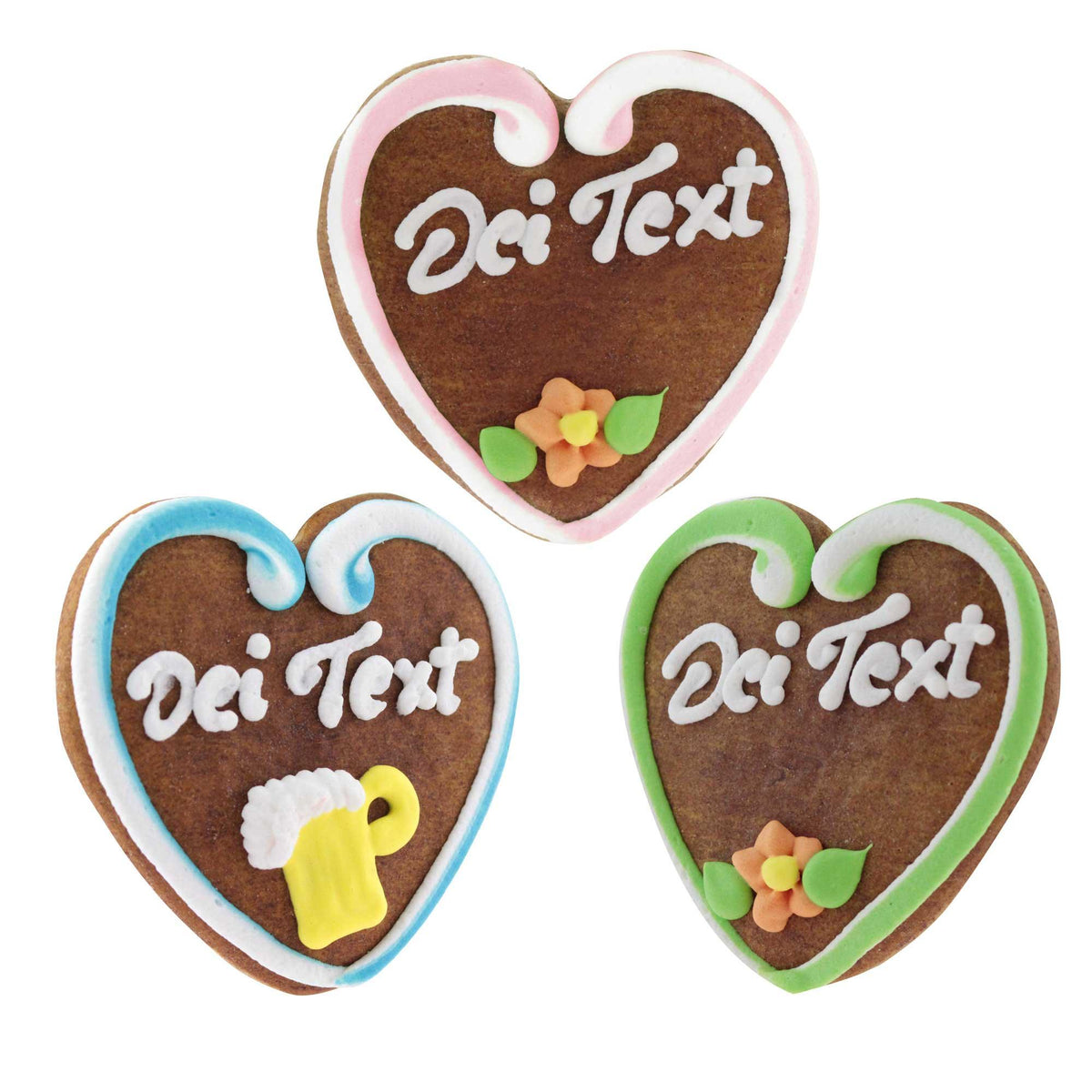Drei herzförmige Lebkuchen mit individueller Zuckerguss-Beschriftung und Verzierungen wie Blumen und Bierkrug.