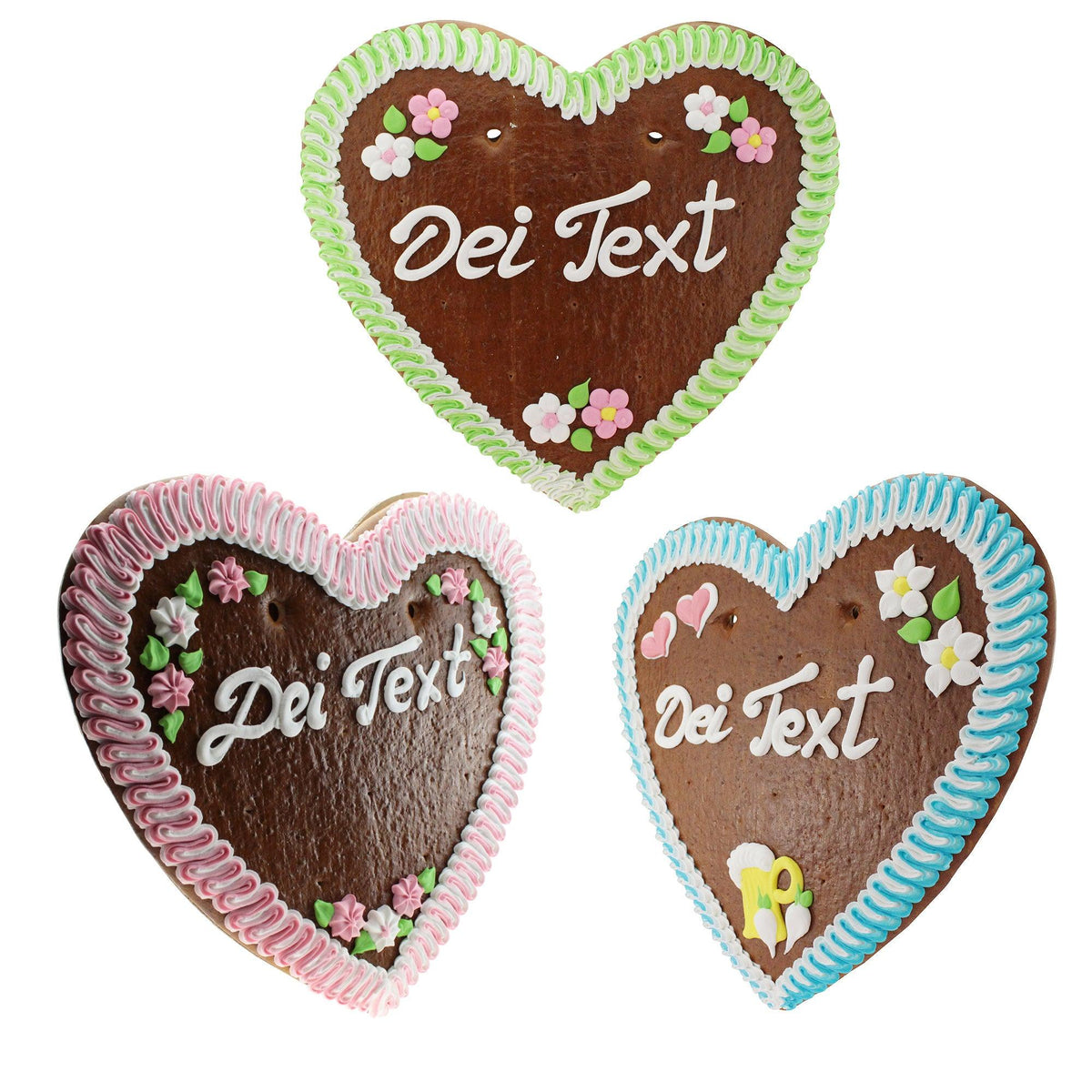 Drei Lebkuchenherzen mit individueller Dekoration und Platz für persönlichen Text.