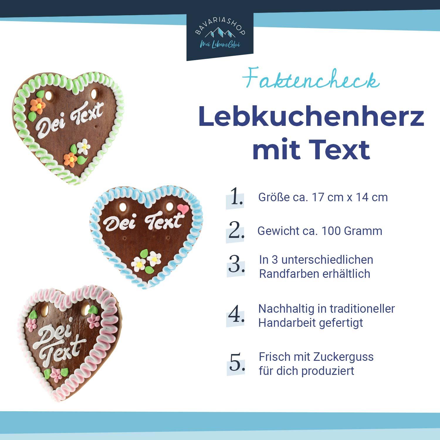 Drei personalisierte Lebkuchenherzen mit individueller Aufschrift und Blumenmotiven in verschiedenen Randfarben.
