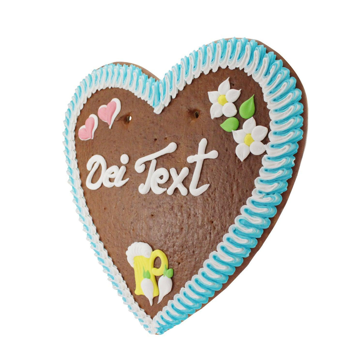 Lebkuchenherz mit blauer und weißer Zuckergussverzierung, weißer Aufschrift "Dei Text", Herzen, Blumen, Bierkrug und Radieschen.