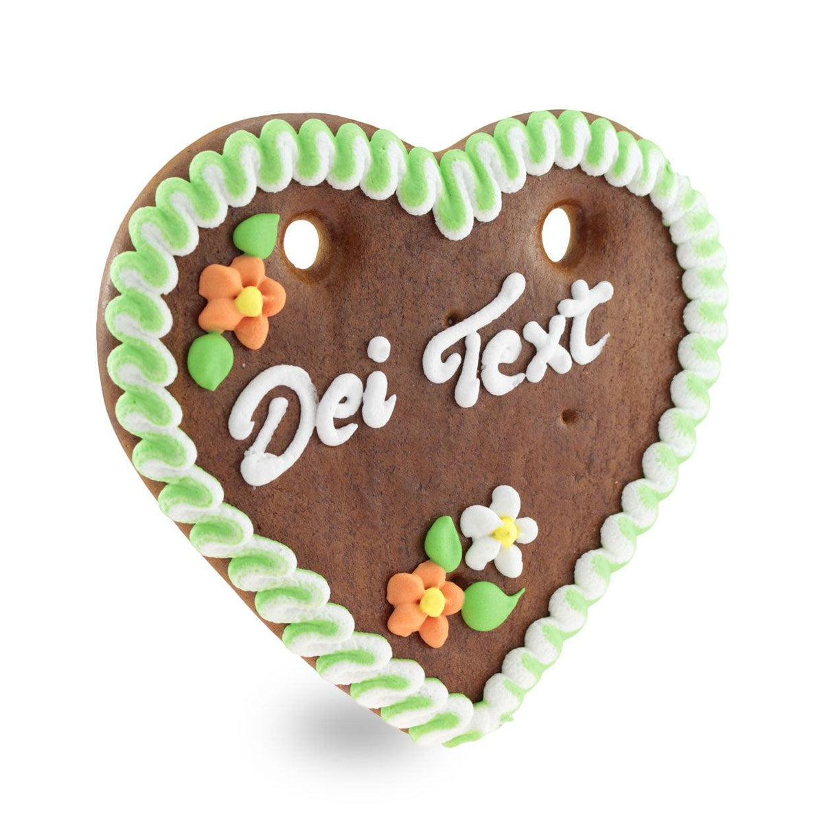 Lebkuchenherz mit Wunschtext, Randfarbe grün: grün-weißer Zuckerguss-Rand mit orangen und weißen Blümchen