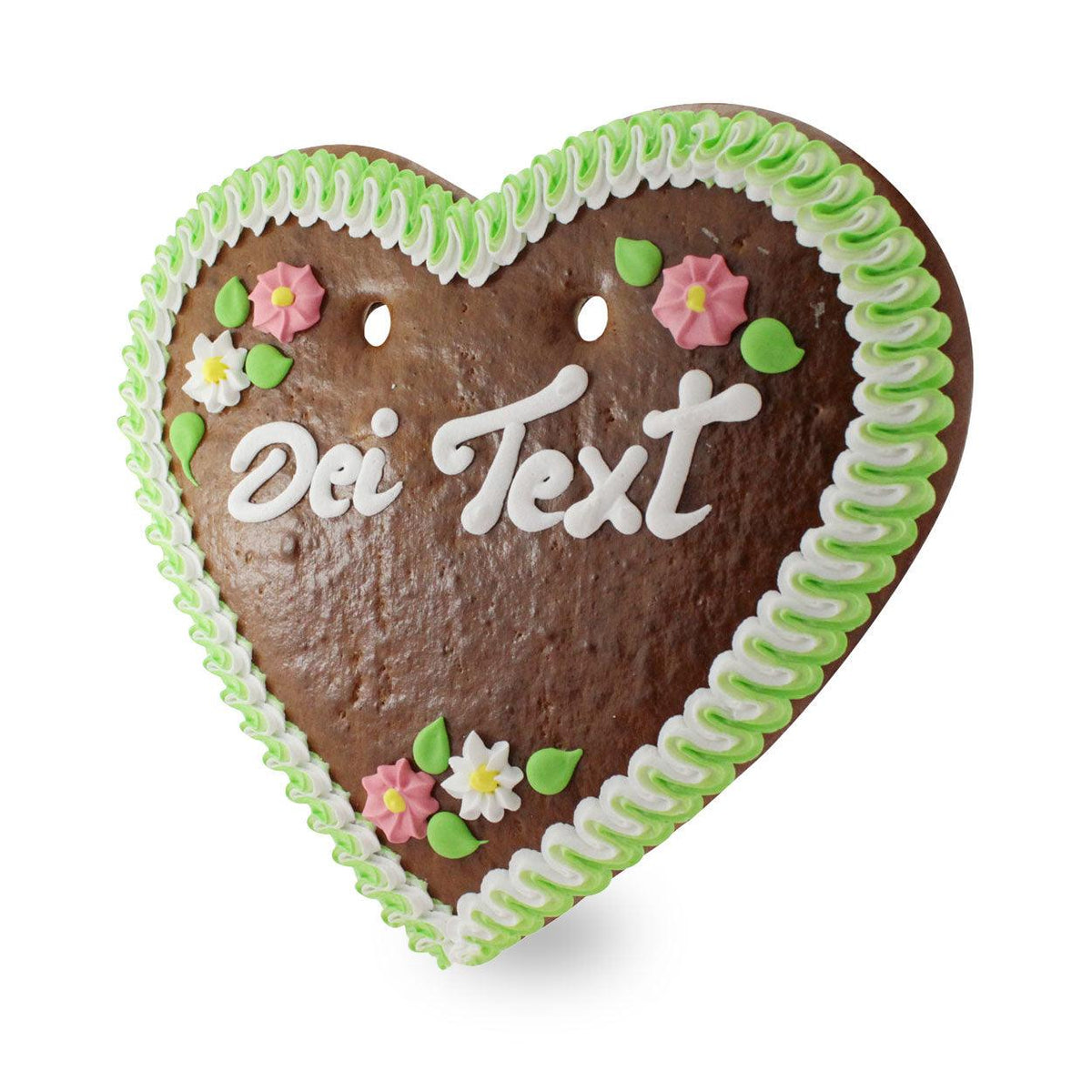 Lebkuchenherz mit grüner und weißer Zuckergussverzierung, kleinen Blüten und Platzhaltertext "Dei Text".